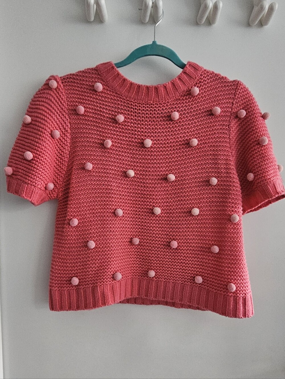 Foxiedox Pink Pom-Pom Knit Short-Sleeve Sweater (Medium)
